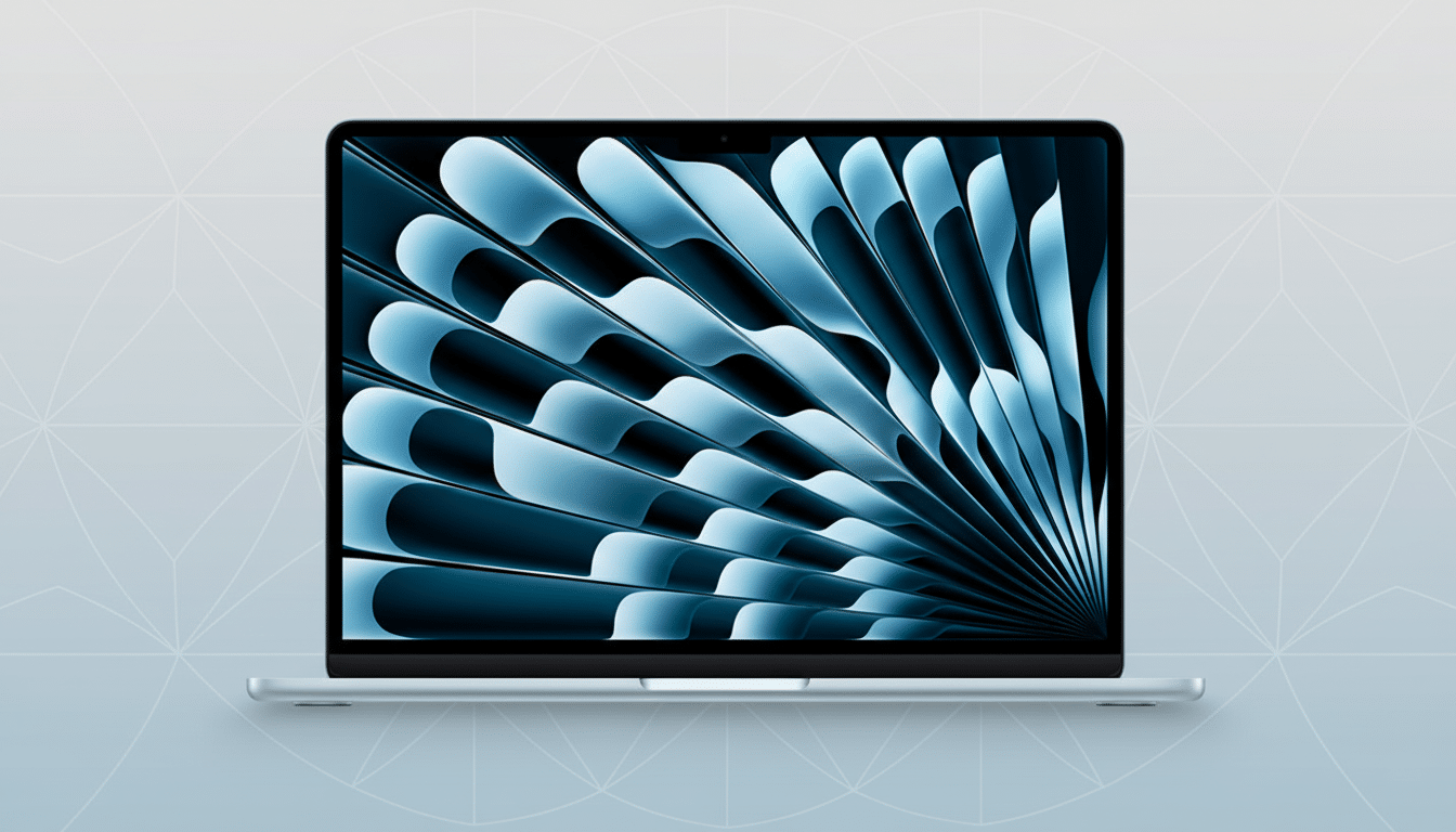 A silver laptop with a screen displaying a blue and black abstract design, set against a light gray background with subtle geometric patterns.
