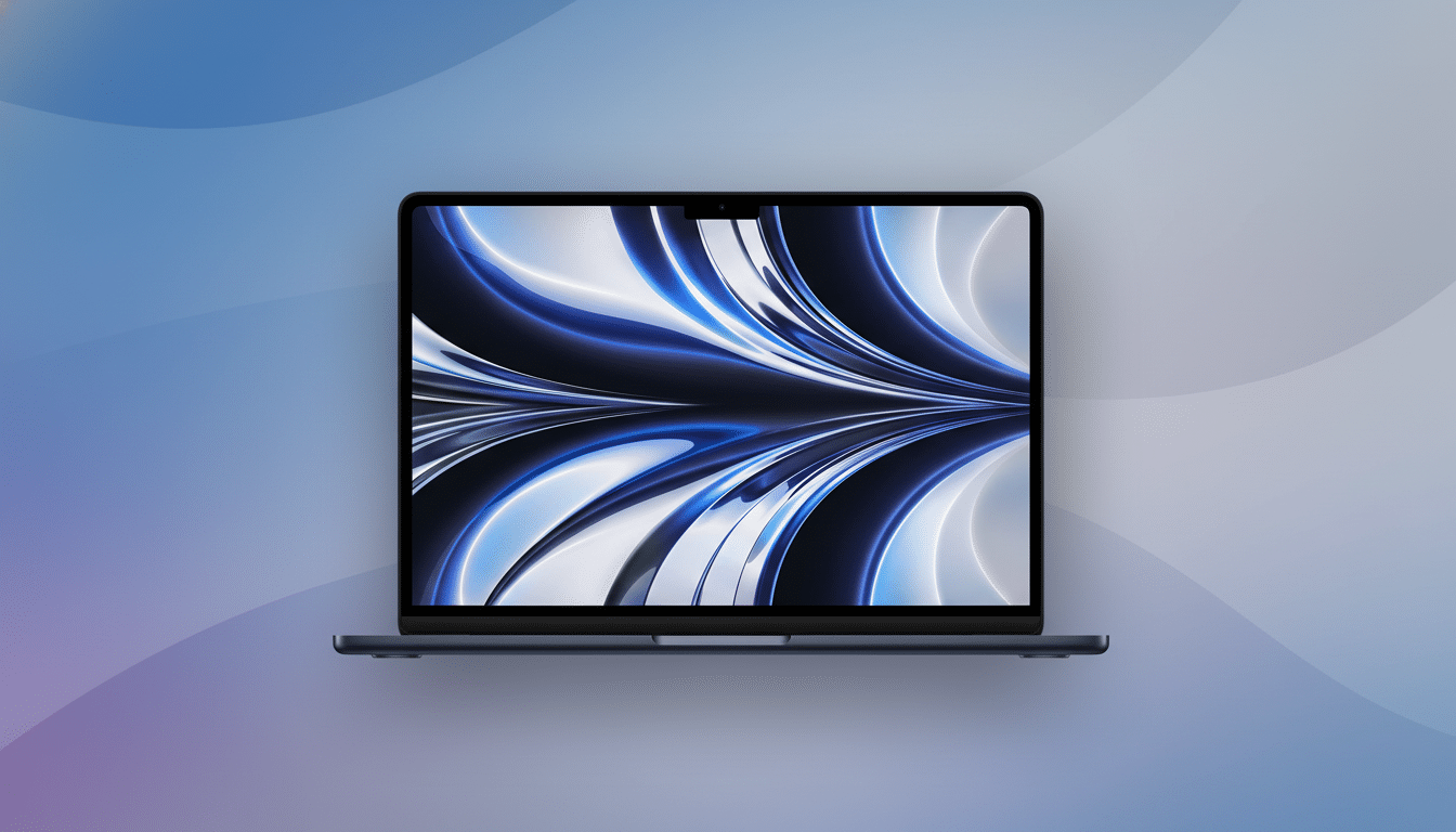 A dark blue laptop with a vibrant blue and white abstract wallpaper on its screen, set against a professional flat design background with soft blue and purple gradients and subtle wave patterns.