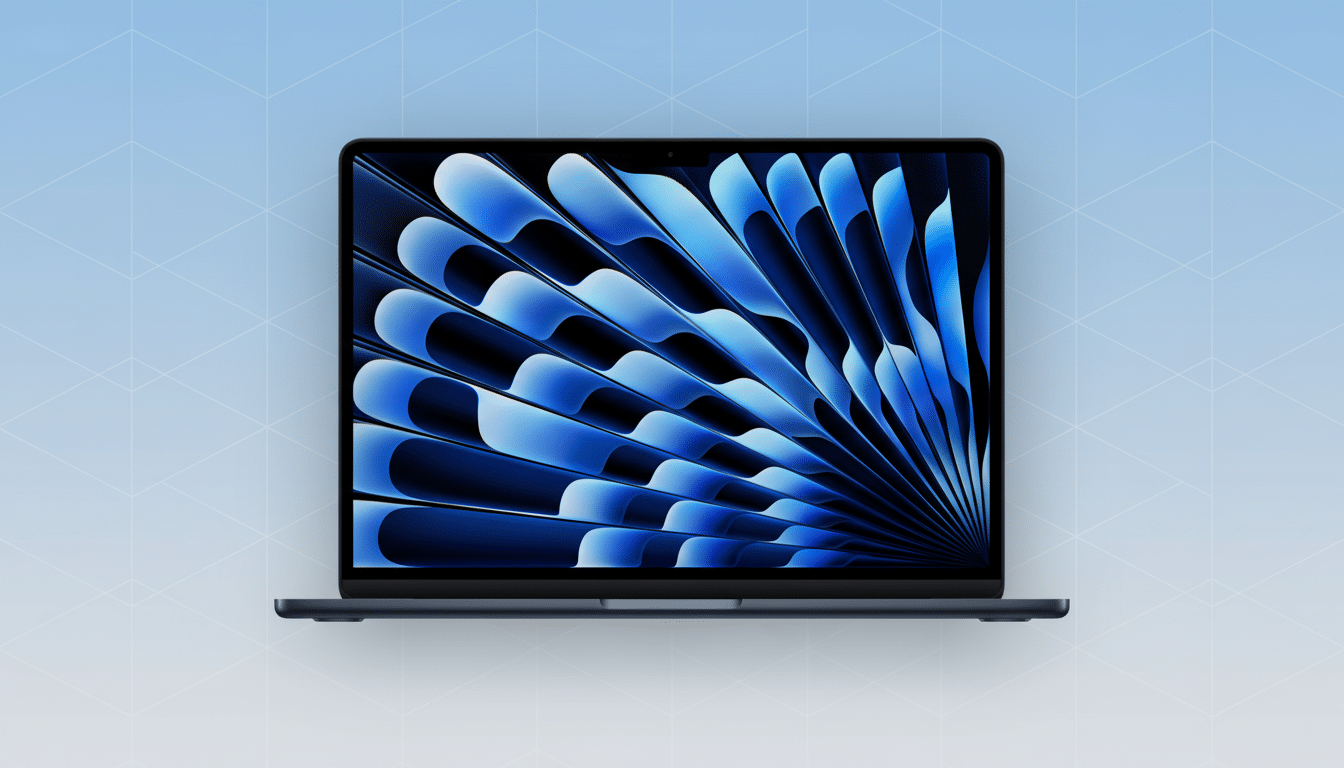 A dark blue laptop with a vibrant blue and black abstract wallpaper on its screen, presented on a light blue gradient background with a subtle geometric pattern.