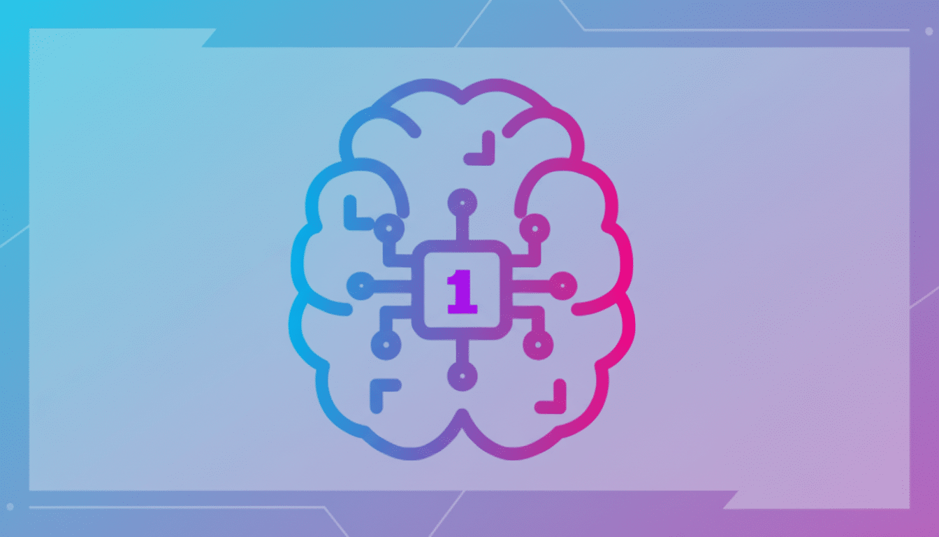 A brain icon with a circuit board and the number 1 in the center, set against a professional flat design background with soft patterns and gradients.
