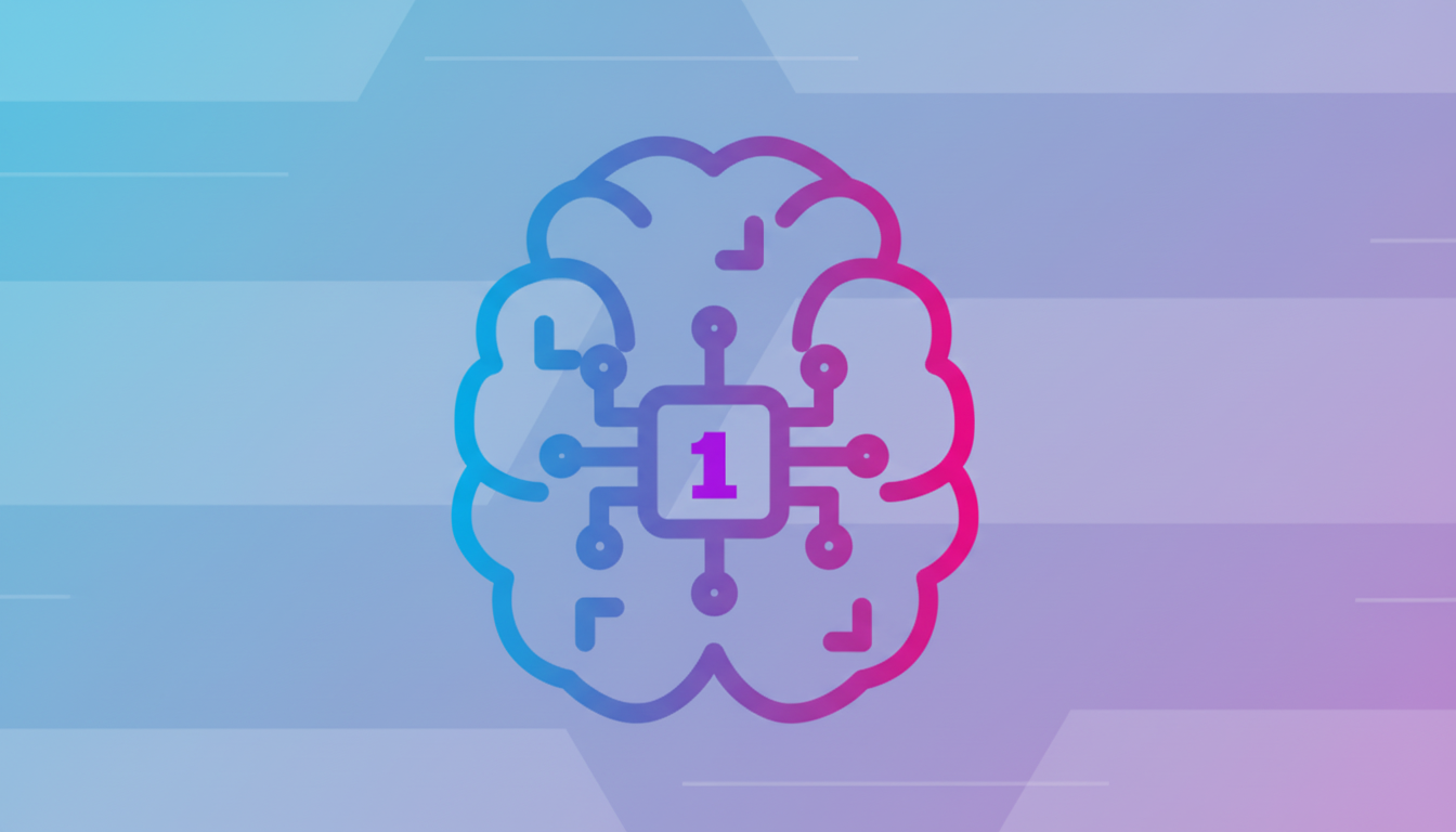 A stylized brain icon with a circuit board and the number 1 in the center, set against a professional flat design background with soft patterns and gradients.