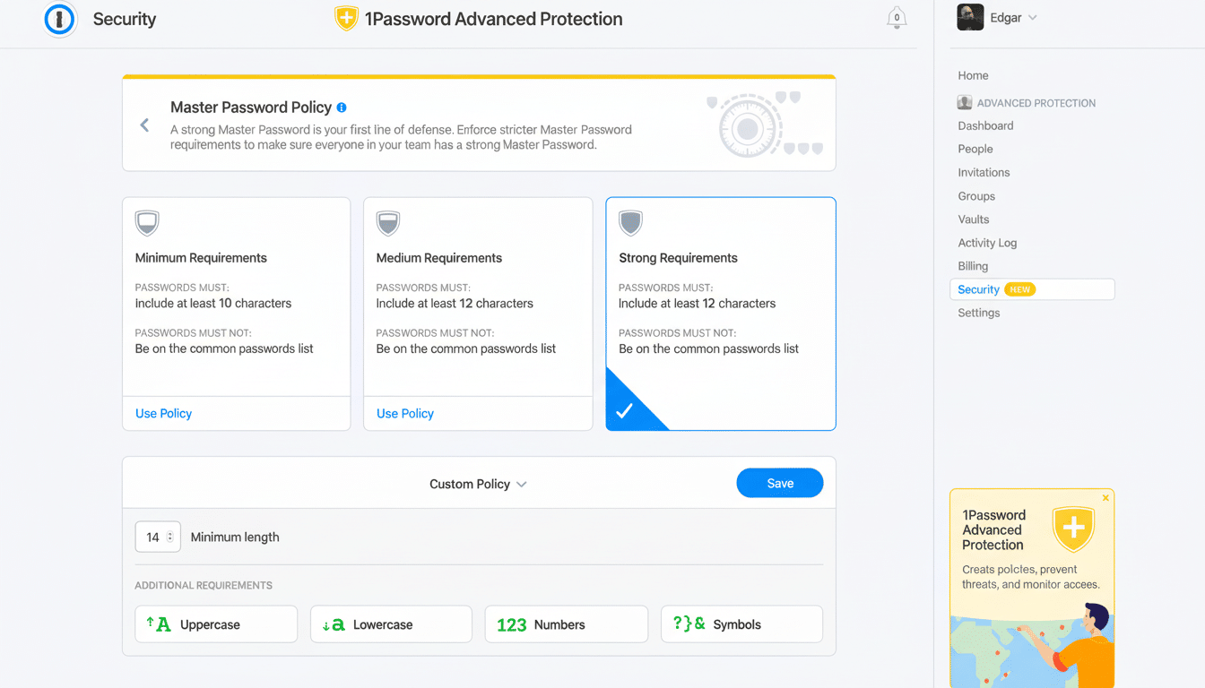 A screenshot of the 1Password Advanced Protection security policy page, showing options for minimum, medium, and strong password requirements, with Strong Requirements selected.