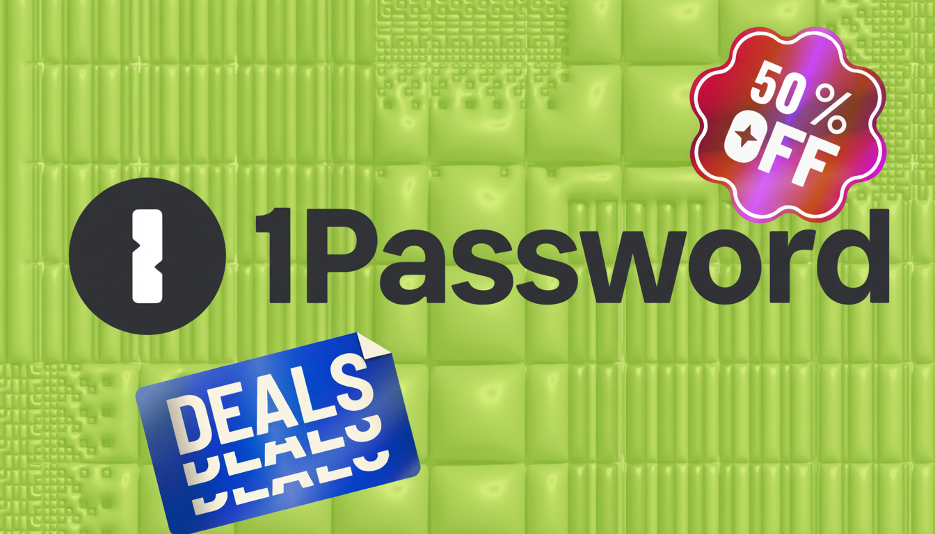 1Password logo with 50% off holiday sale banner for security suite