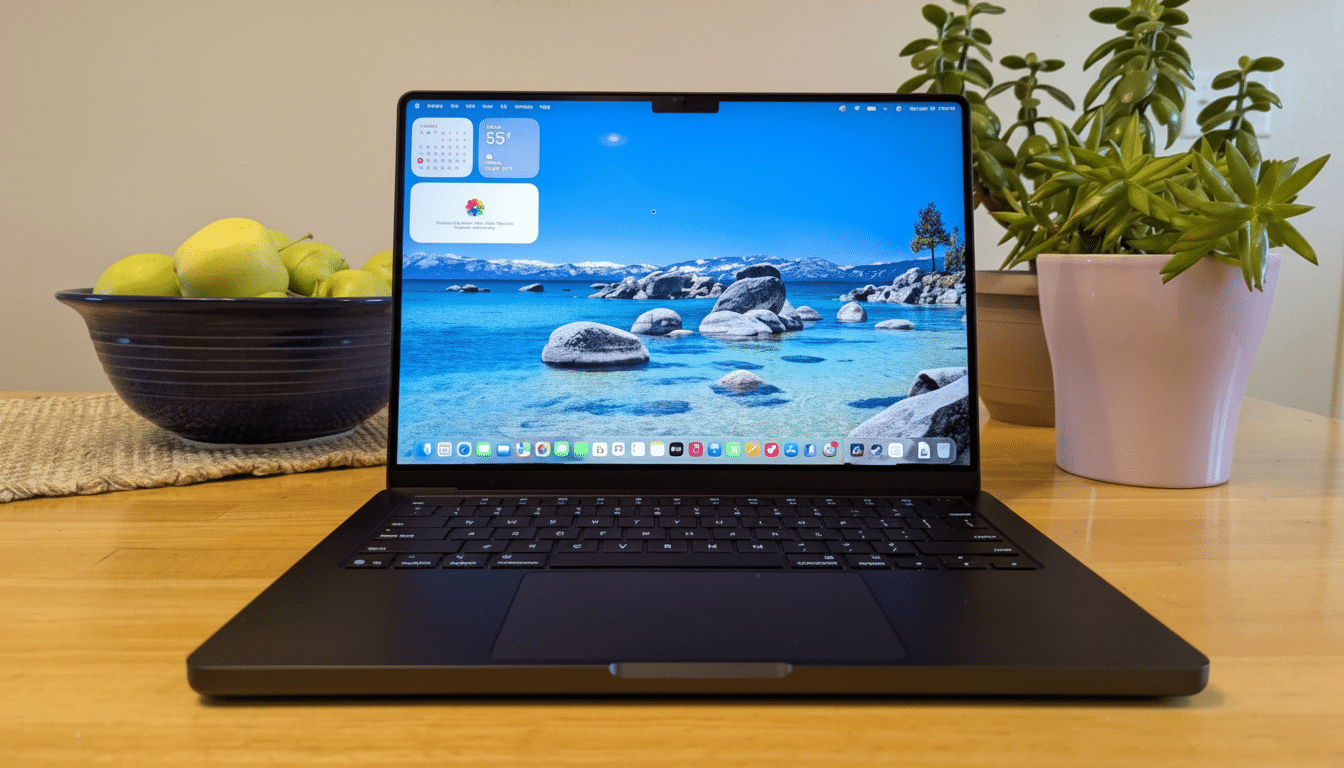 A black laptop with a vibrant desktop background of a lake and mountains, sitting on a wooden table next to a bowl of green apples and potted plants.