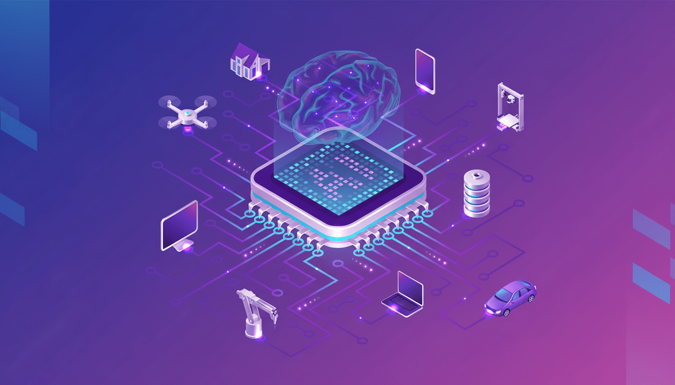 An isometric illustration depicting a central computer chip with AI on it, connected to various smart devices like a drone, smart home, smartphone, 3D printer, robotic arm, laptop, electric car, and battery, all against a professional gradient background.