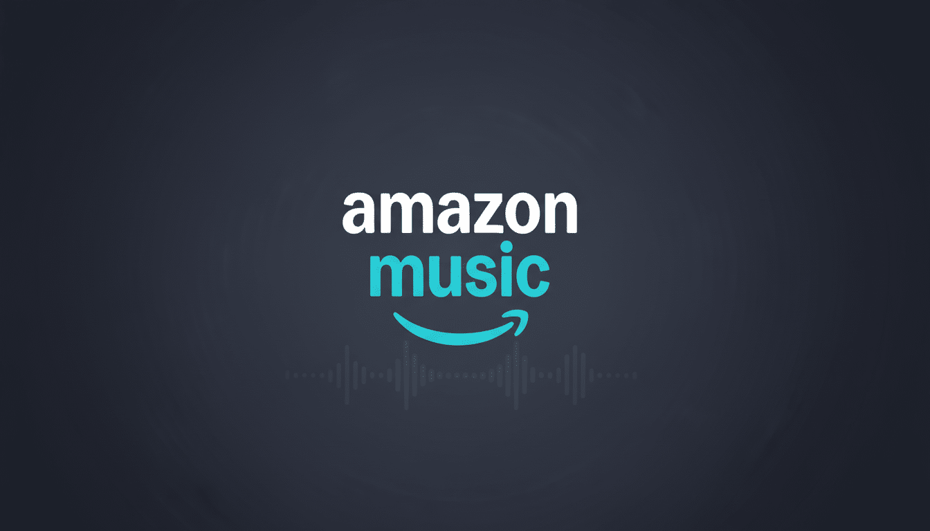 The Amazon Music logo, featuring amazon in white and music in teal with a teal smile-shaped arrow underneath, centered on a dark gray background with subtle sound wave patterns.