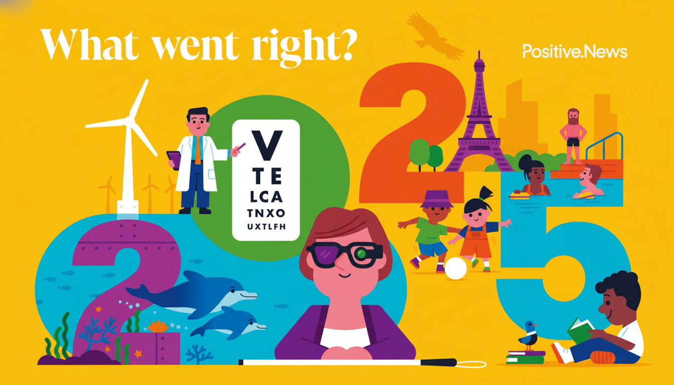 An illustration with the text What went right? and Positive.News featuring various scenes of positive progress, including renewable energy, eye care, marine life, children playing, and people enjoying a pool, all integrated with the numbers 2025.