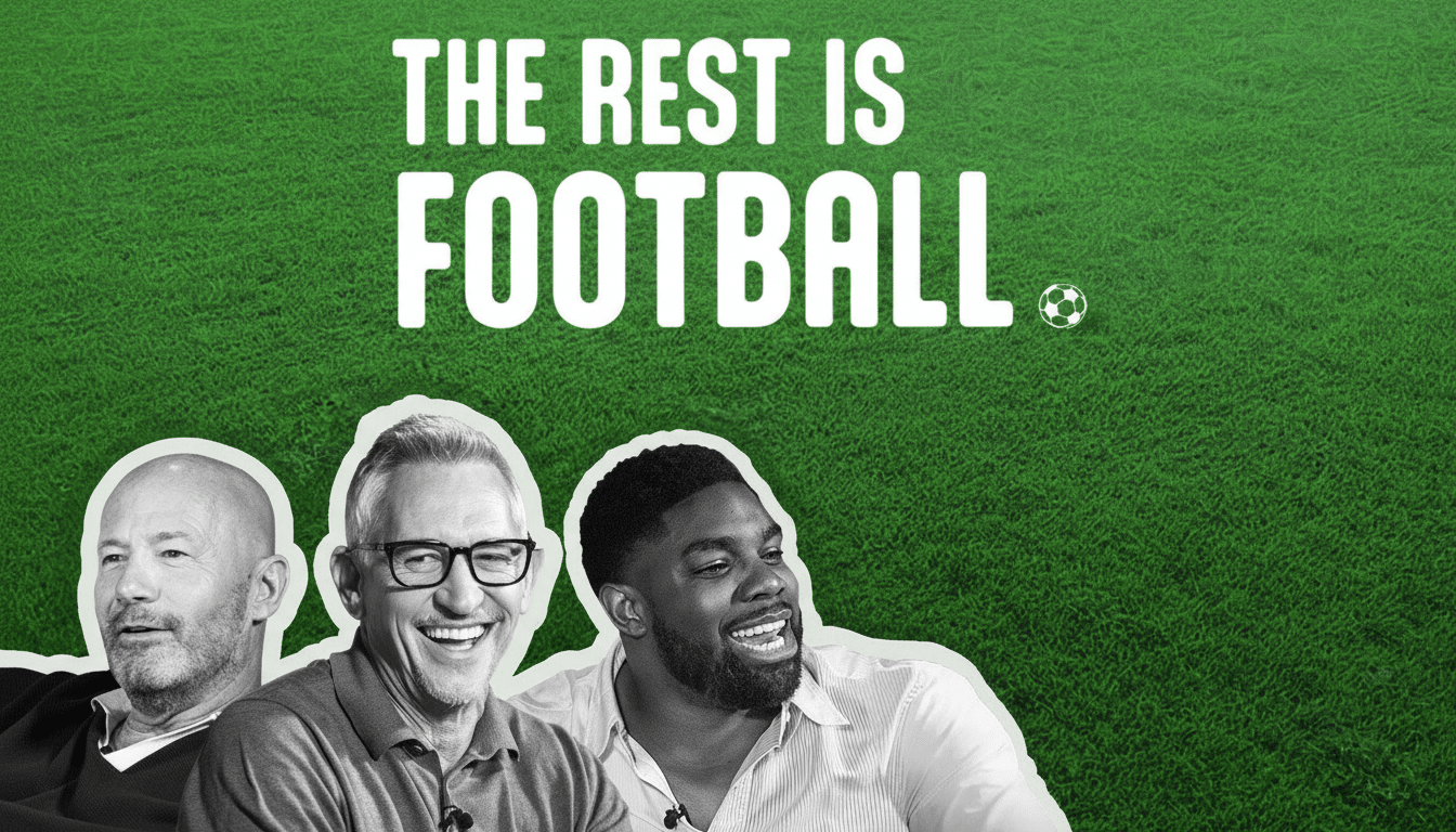 A 16:9 aspect ratio image with the text THE REST IS FOOTBALL. and a soccer ball icon on a green grass background, featuring three men in the foreground.