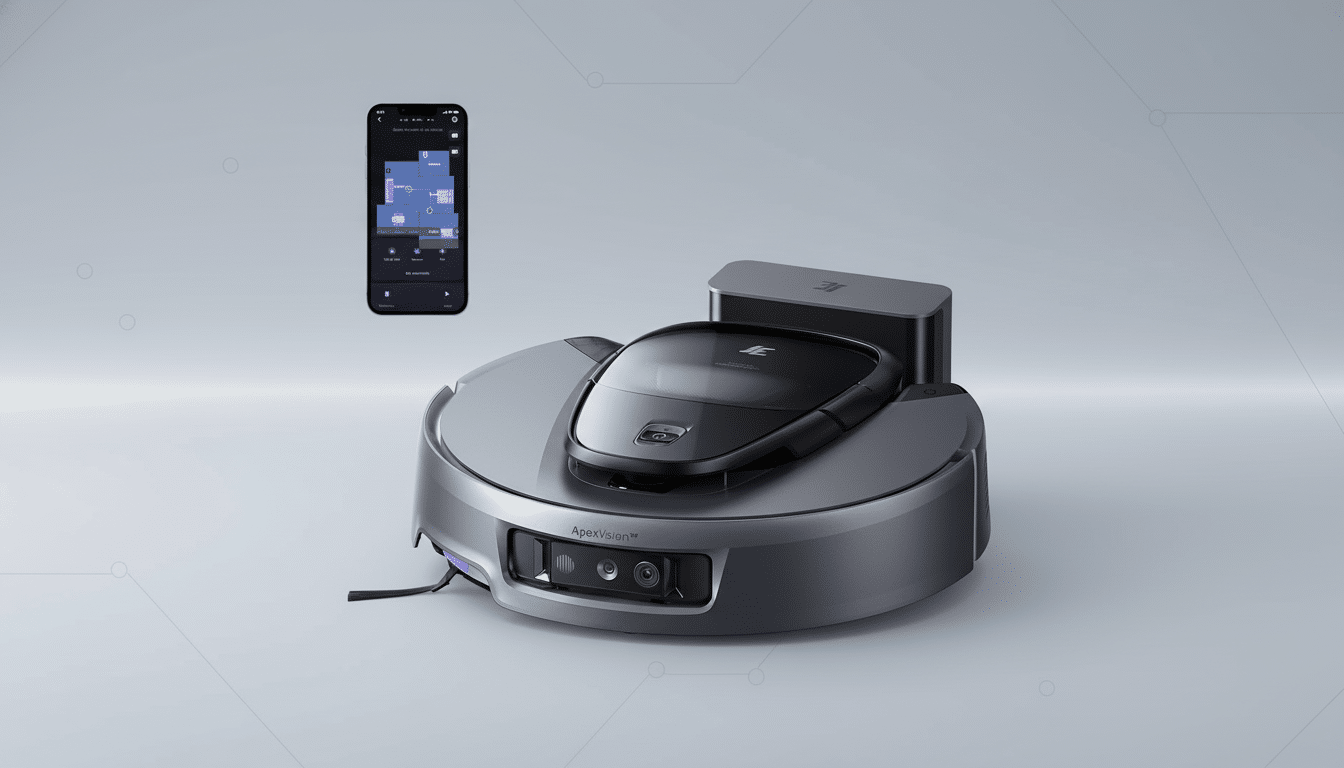 A gray robotic vacuum cleaner with a black top and a smartphone displaying a floor plan app, set against a professional gray background with subtle geometric patterns.