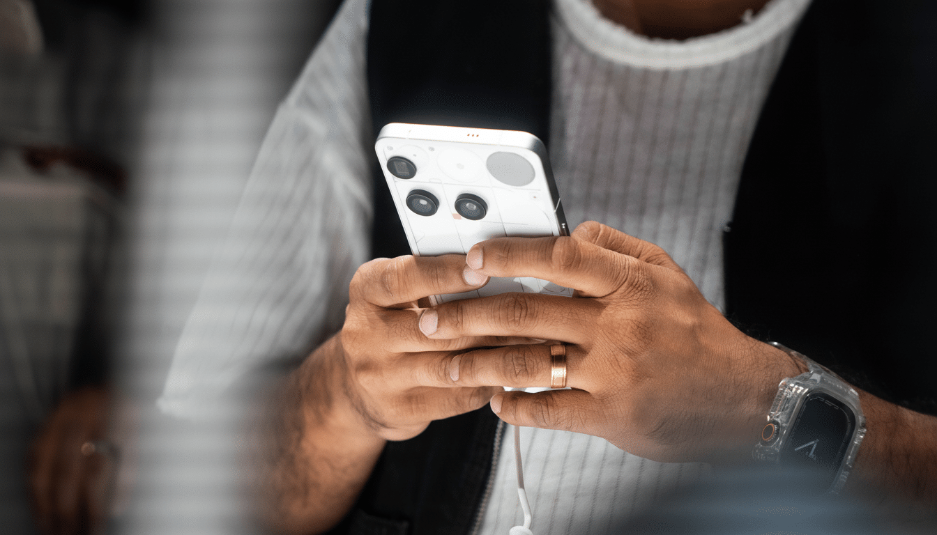 A persons hands holding a white smartphone with a unique back design, featuring multiple camera lenses and a circular element, while wearing a gold ring and a clear digital watch.