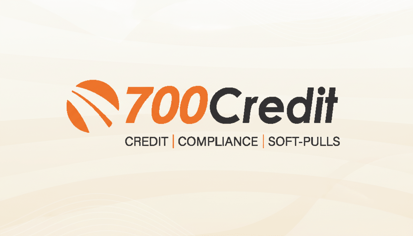 The 700Credit logo, featuring 700Credit in orange and black text with an orange abstract design, is centered on a professional 16:9 aspect ratio background with soft, light orange gradients and subtle wave patterns. Below the main logo, the words CREDIT | COMPLIANCE | SOFT-PULLS are displayed in black text.