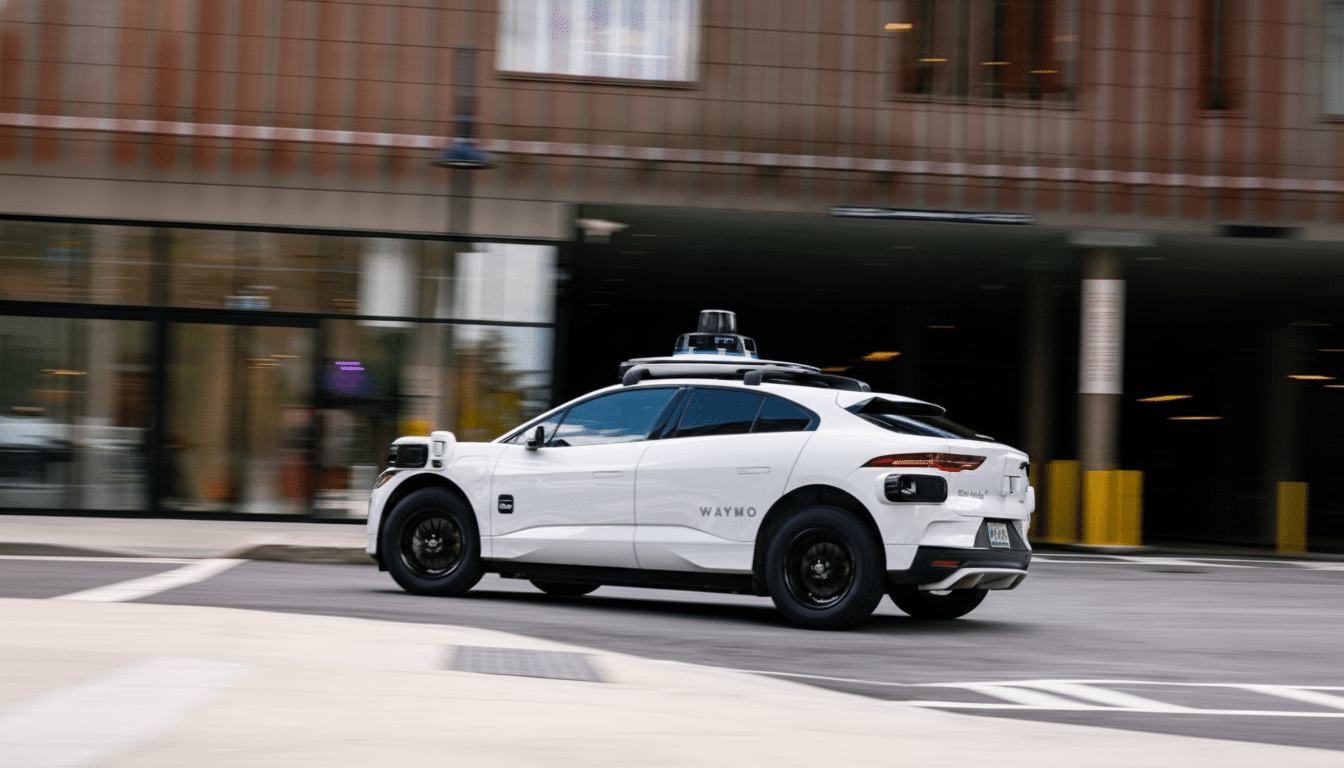 A white Waymo self-driving car with sensors on its roof and sides, driving on a city street with buildings in the background.