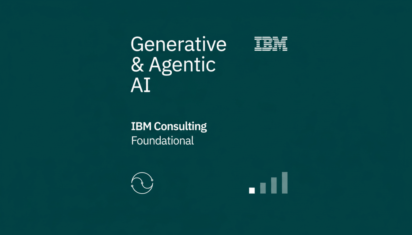 A professional 16:9 aspect ratio image with a dark teal background, featuring the text Generative & Agentic AI and IBM Consulting Foundational in white. The IBM logo is in the top right, and two white icons, one circular with arrows and one representing a bar graph, are at the bottom.