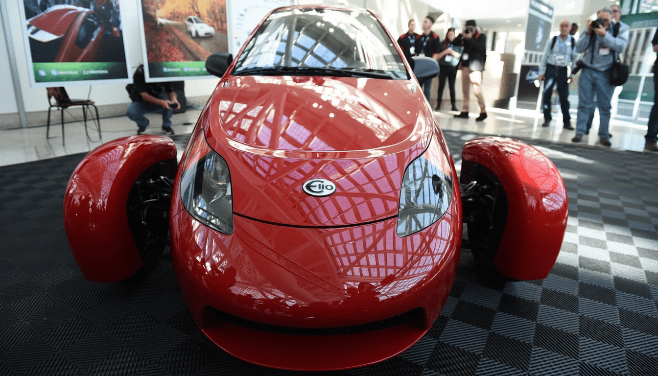 A red Elio Motors three-wheeled vehicle on display at an event, with people in the background.