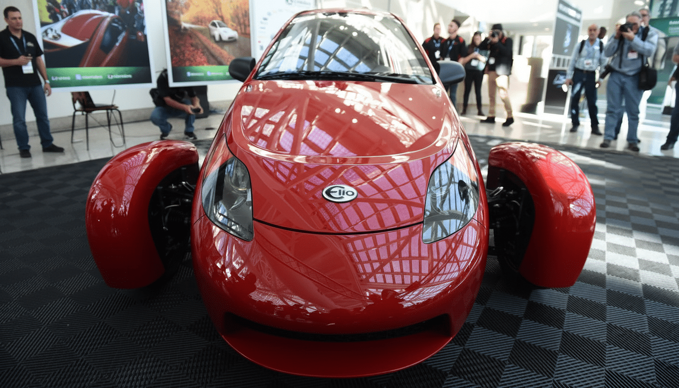 A red Elio Motors three-wheeled vehicle on display at an event, with people in the background.