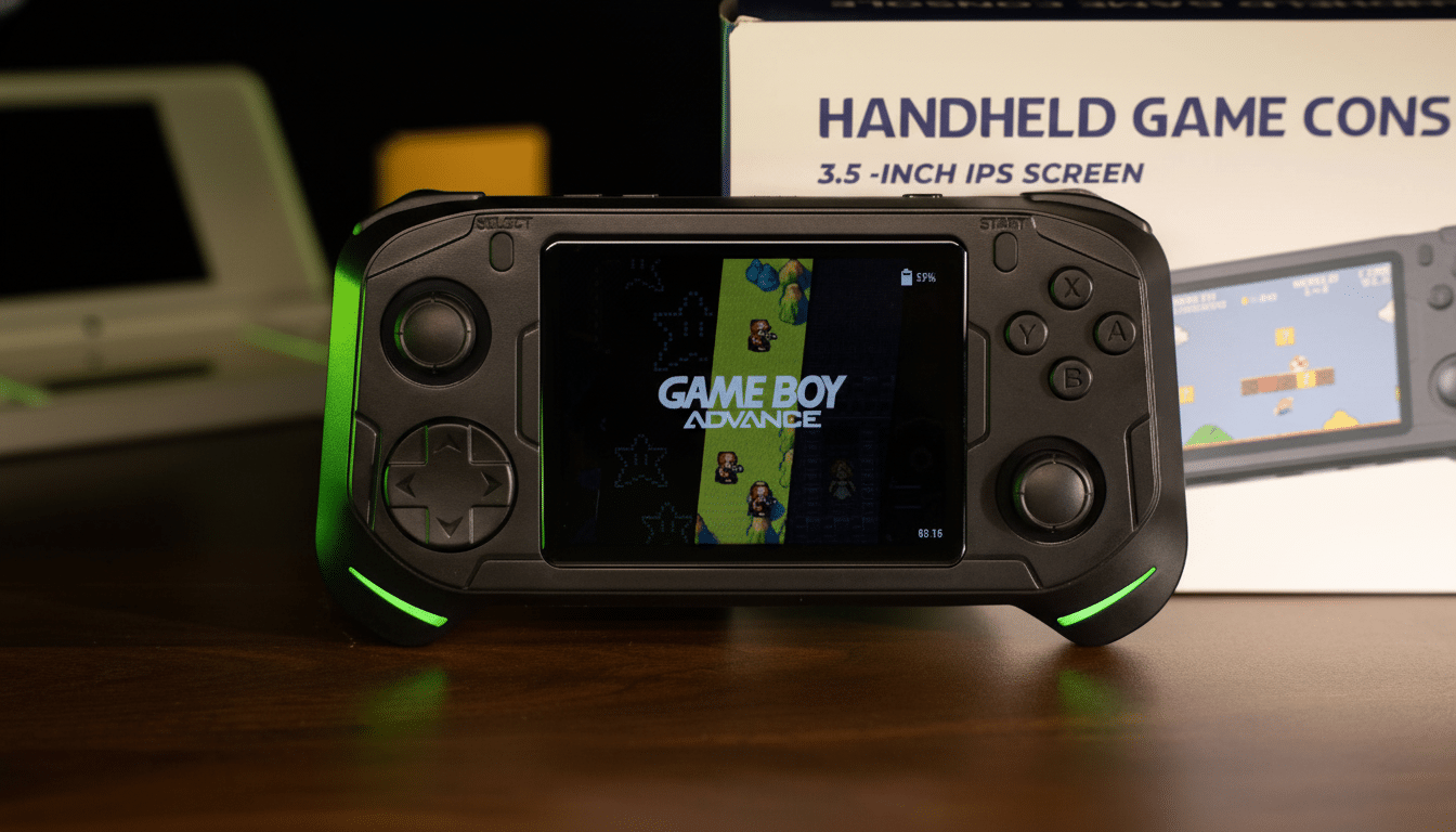 A black handheld game console with green accents, displaying GAME BOY ADVANCE on its screen, is shown in a 16:9 aspect ratio. The console is on a wooden surface with a white box labeled HANDHELD GAME CONSOLE 3.5-INCH IPS SCREEN in the background.