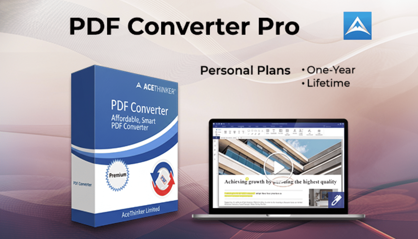 A professional image for PDF Converter Pro with a 16:9 aspect ratio. The image features a blue software box labeled PDF Converter and a laptop displaying a document, all set against a subtle gradient background.