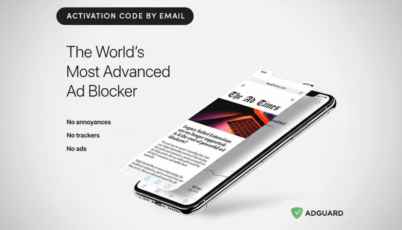 A smartphone displaying The Ad Times website with an article about Safari extensions and ad blockers, alongside text promoting The Worlds Most Advanced Ad Blocker with features like No annoyances, No trackers, and No ads. The image also shows an ACTIVATION CODE BY EMAIL banner and an ADGUARD logo.