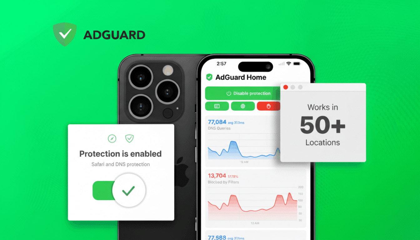 AdGuard deal: 5-year VPN and ad blocker subscription for $35, green shield logo