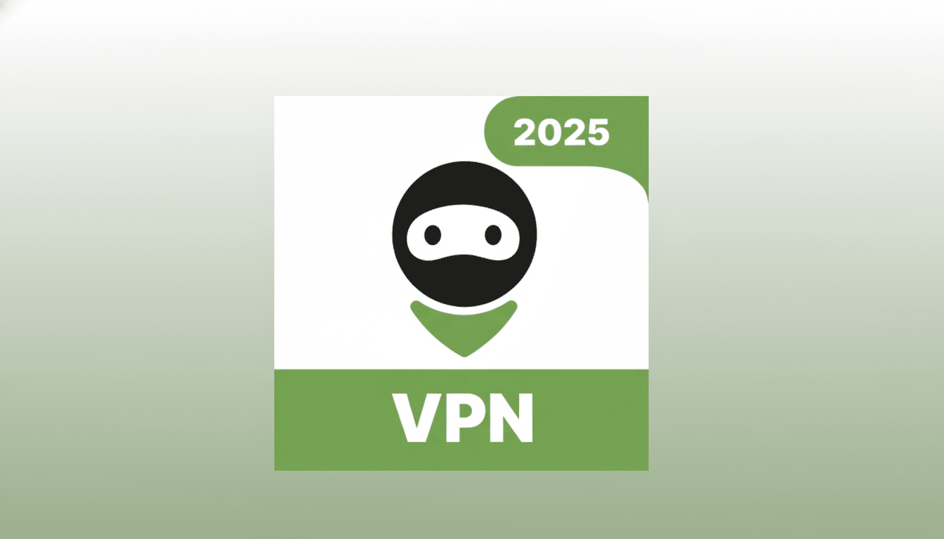 A 16:9 aspect ratio image of a VPN app icon with a black ninja mask and a green banner that says 2025 in the top right corner. The word VPN is written in white on a green background at the bottom. The background is a soft gradient from light green to light gray.