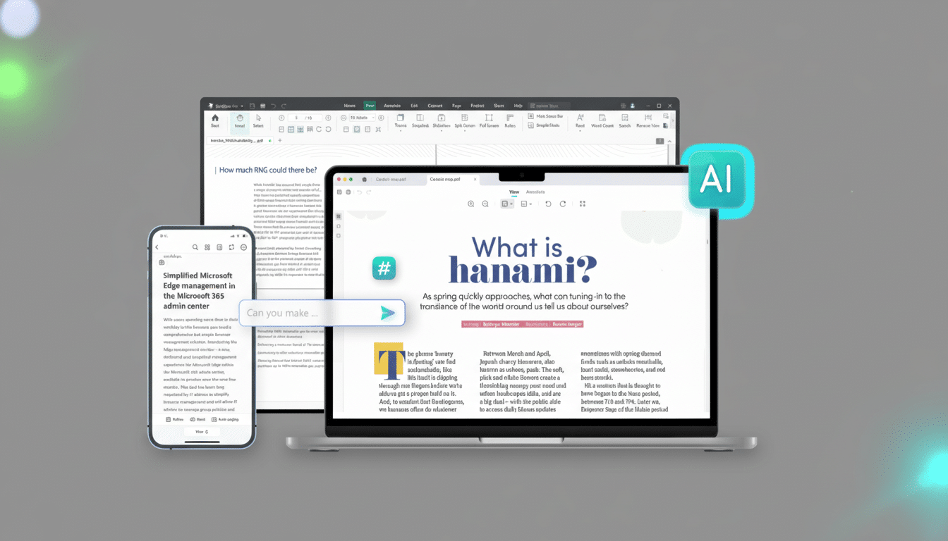A laptop and a smartphone displaying various digital documents and applications, with a large AI logo in the background.