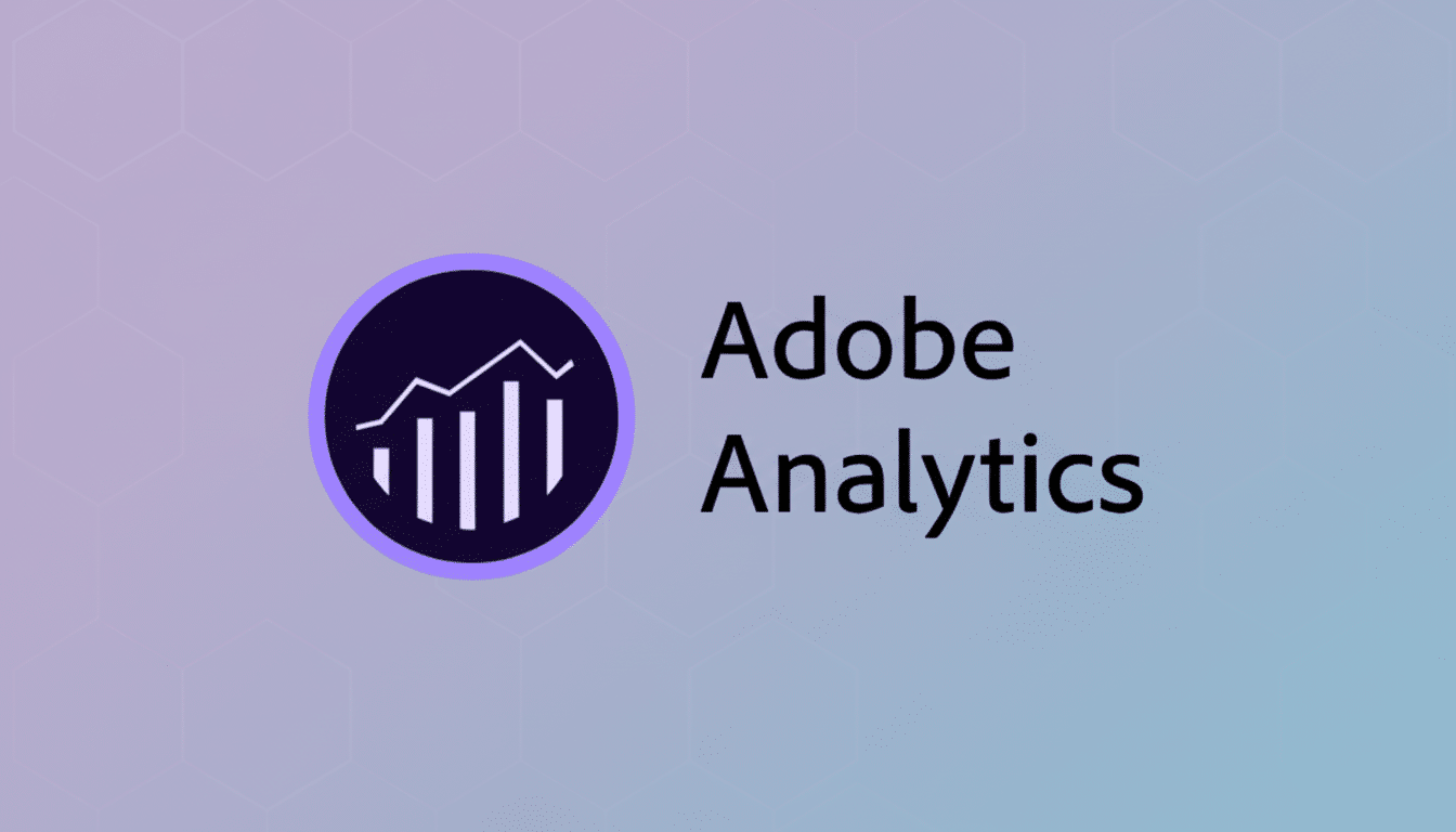 The Adobe Analytics logo, featuring a purple circle with a white bar graph and line graph, next to the words Adobe Analytics in black text, all set against a professional flat design background with soft hexagonal patterns and a gradient from light purple to light blue.