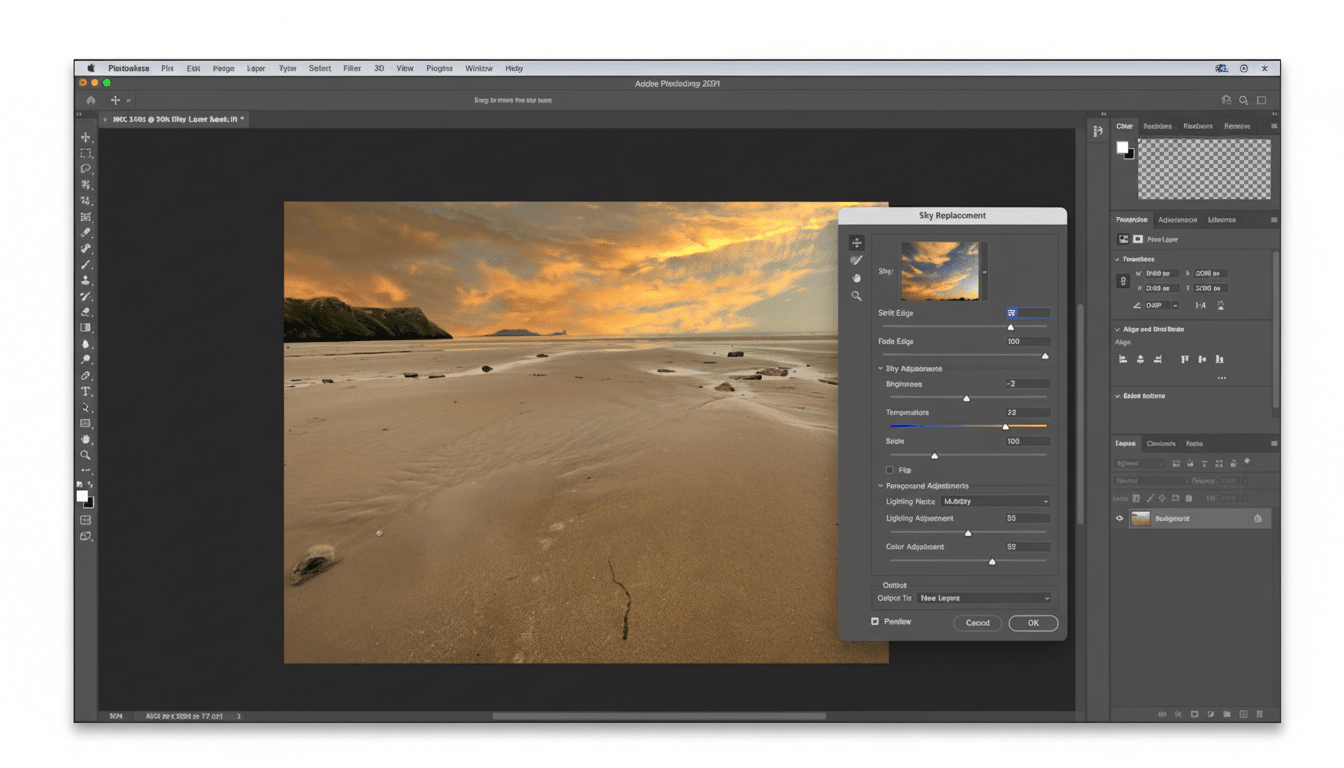 A screenshot of Adobe Photoshop 2021 showing the Sky Replacement dialog box open over an image of a beach at sunset. The dialog box has various sliders and options for adjusting the sky, including brightness, temperature, and color adjustment. The main image displays a sandy beach with water receding, and a dramatic orange and yellow sunset sky.