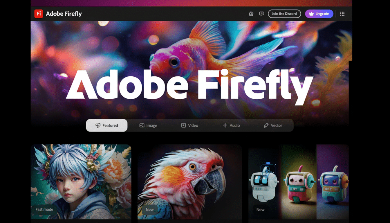 A screenshot of the Adobe Firefly interface, featuring a large banner with a goldfish and the Adobe Firefly logo, and several smaller image generation examples below.