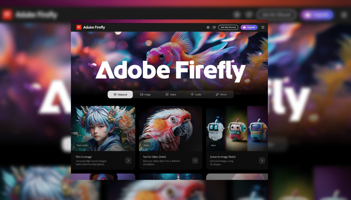 A screenshot of the Adobe Firefly interface, showcasing various AI-powered creative tools. The main banner features a vibrant image of a goldfish with Adobe Firefly text. Below, there are sections for Text to image, Text to video (beta), and Scene to image (beta), each with example images.