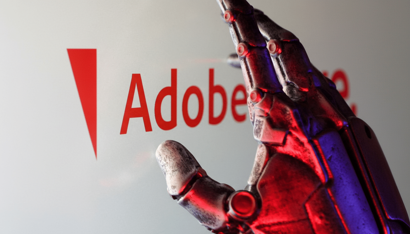 A robotic hand with red lighting reaching towards the red Adobe logo on a light background, resized to a 16:9 aspect ratio.