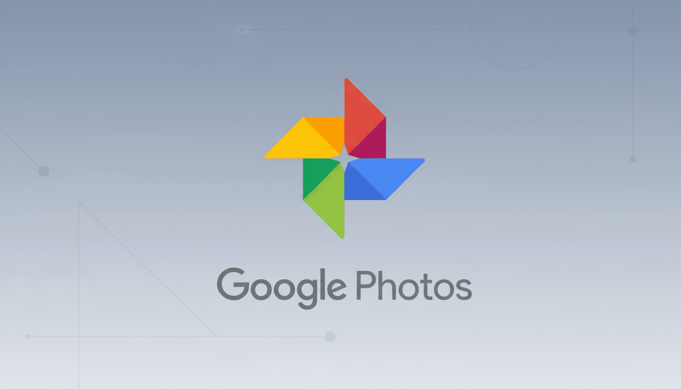 The Google Photos logo and text on a professional flat design background with soft patterns and gradients, resized to a 16:9 aspect ratio.