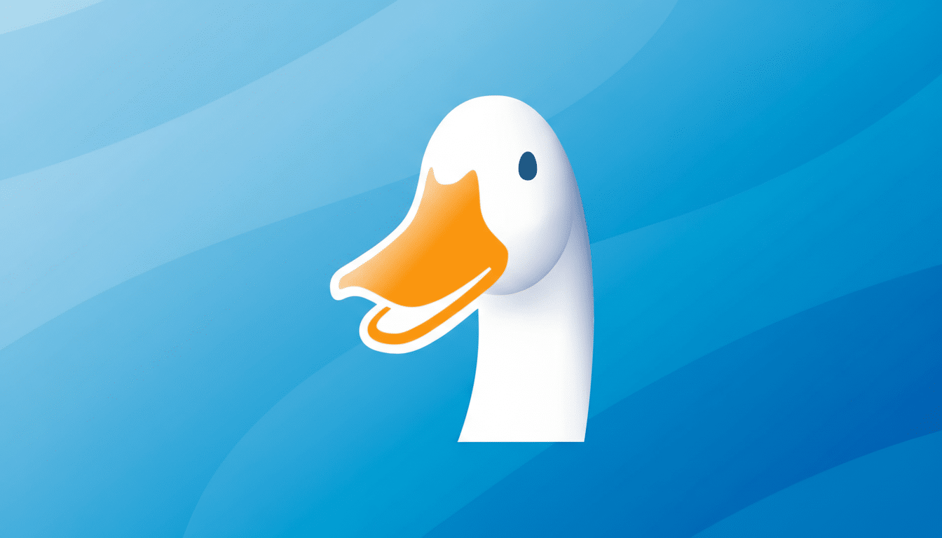 A white goose head with an orange beak and a blue eye, set against a blue background with subtle wave-like patterns. The image is in a 16:9 aspect ratio.