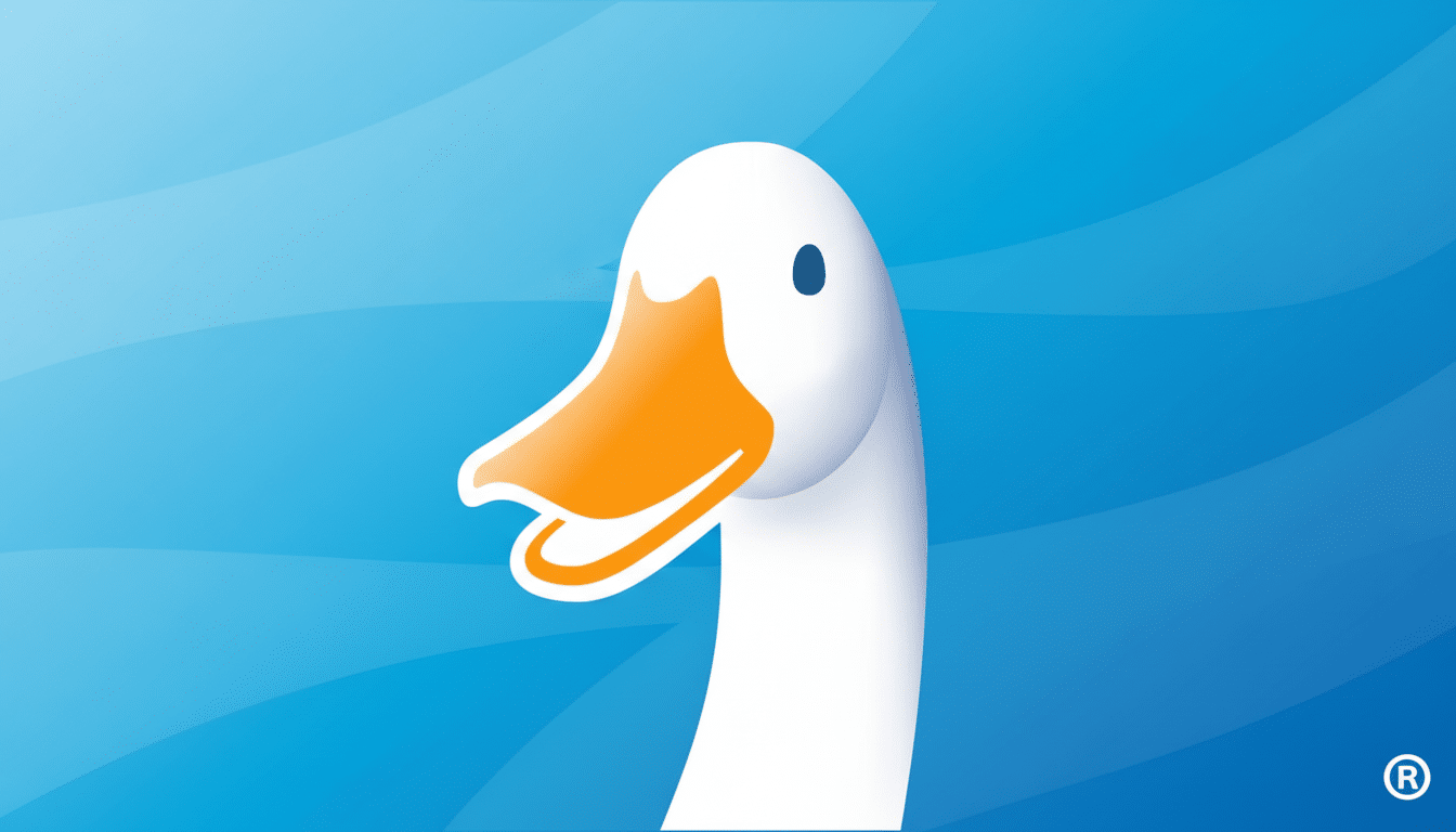 A white goose head with an orange beak and a blue eye, set against a blue background with subtle wave-like patterns, resized to a 16:9 aspect ratio.