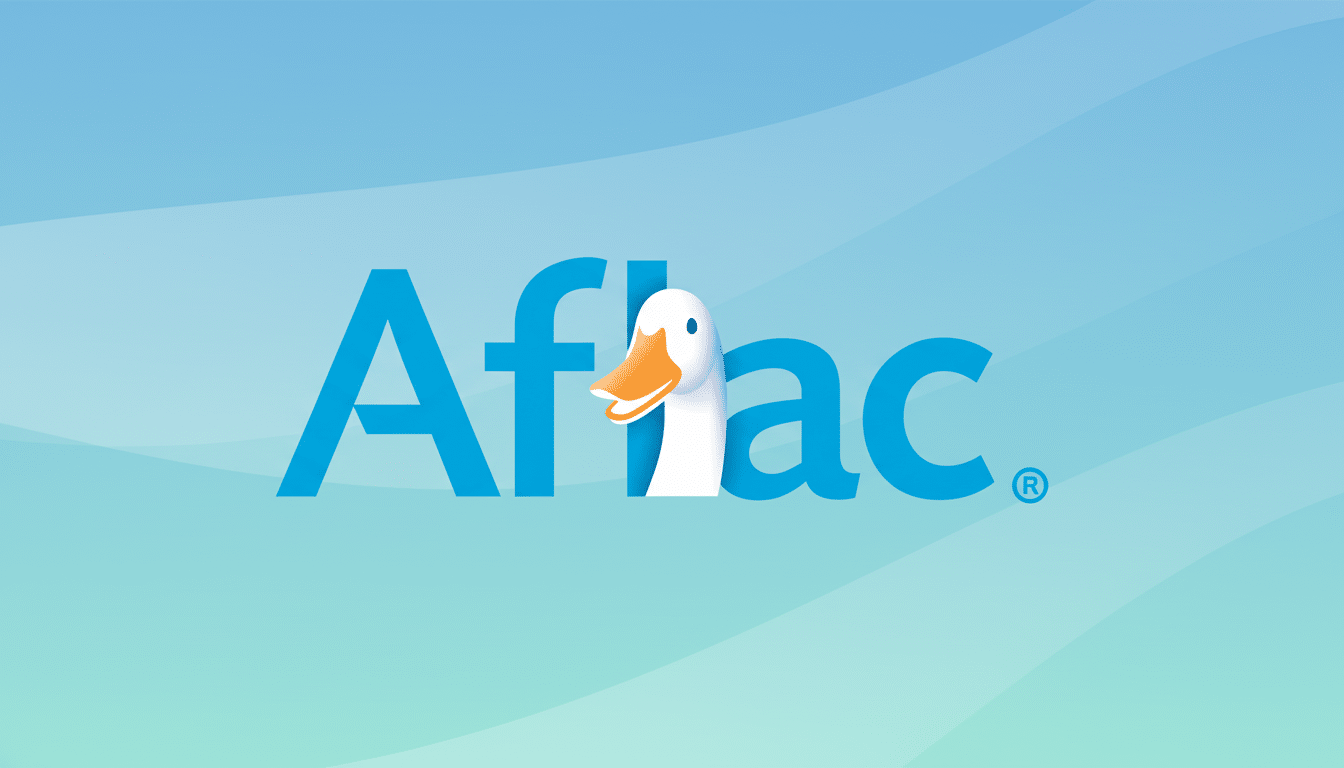 The Aflac logo, featuring the word Aflac in blue with a white ducks head and orange beak replacing the l, set against a professional light blue and green gradient background with subtle wave patterns.