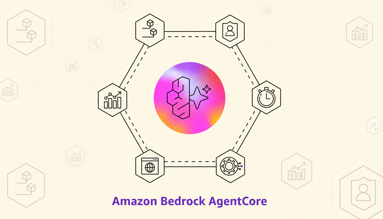 A professional 16:9 image featuring the Amazon Bedrock AgentCore logo, which includes a central brain and star icon within a colorful gradient circle, surrounded by six hexagonal icons representing various functionalities, all against a subtle patterned background.