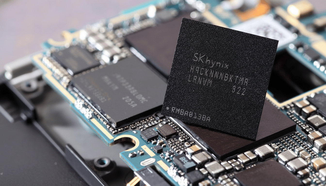 A close-up, professionally enhanced image of an SK Hynix memory chip on a circuit board, resized to a 16:9 aspect ratio.