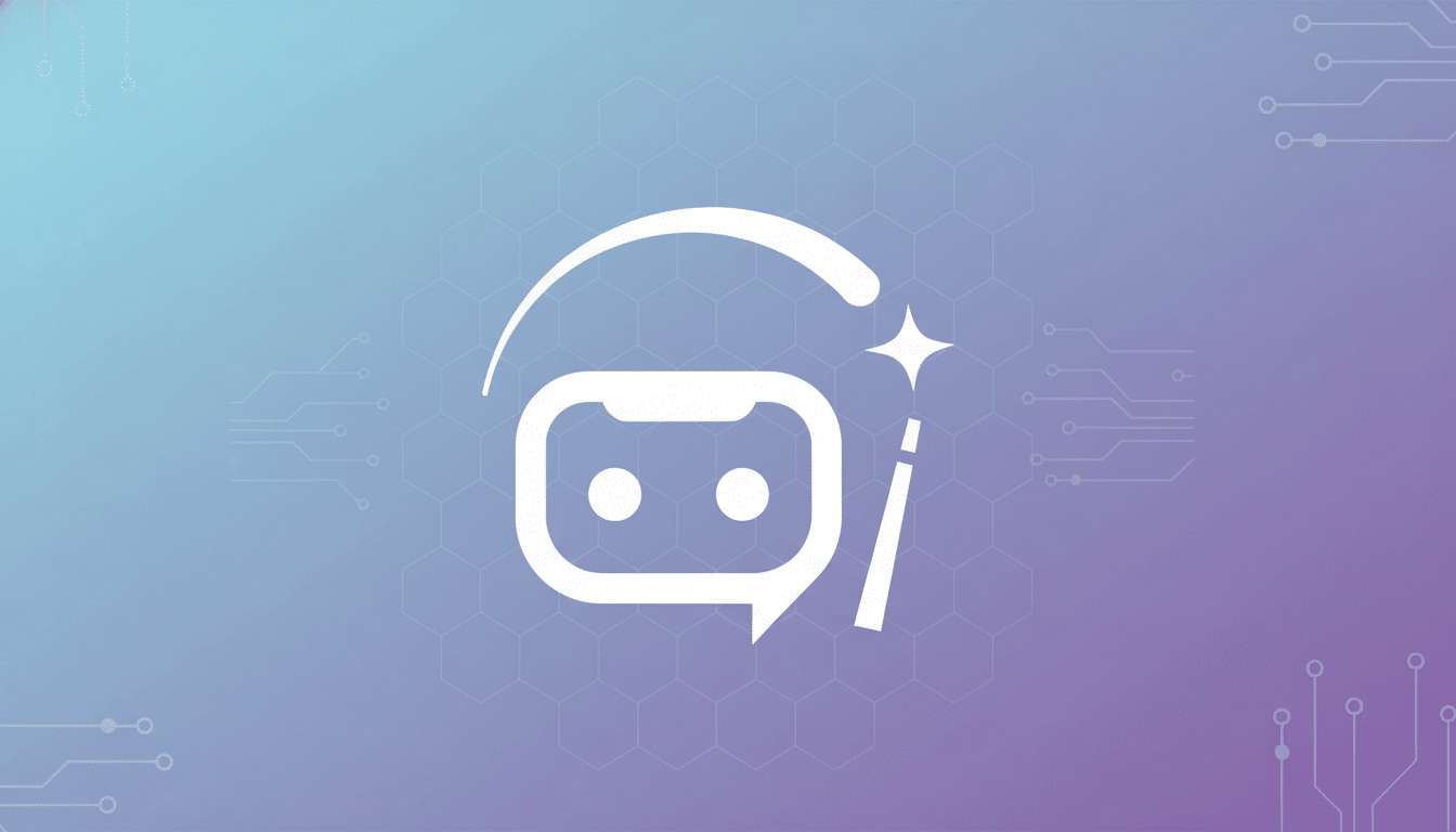 A white icon of a robot head in a speech bubble with a magic wand and sparkling effect, set against a professional 16:9 aspect ratio background with a soft blue and purple gradient and subtle hexagonal and circuit board patterns.