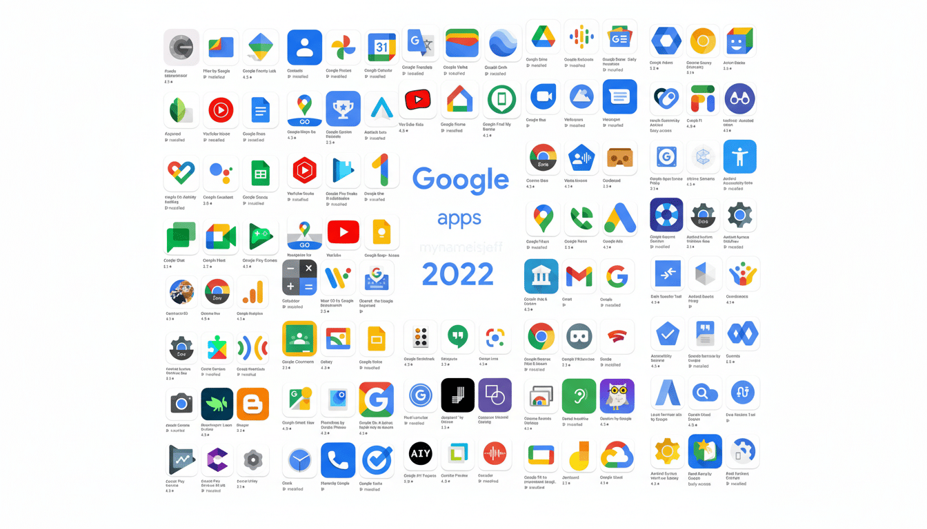 A grid of various Google app icons, with the Google apps 2022 logo prominently displayed in the center.