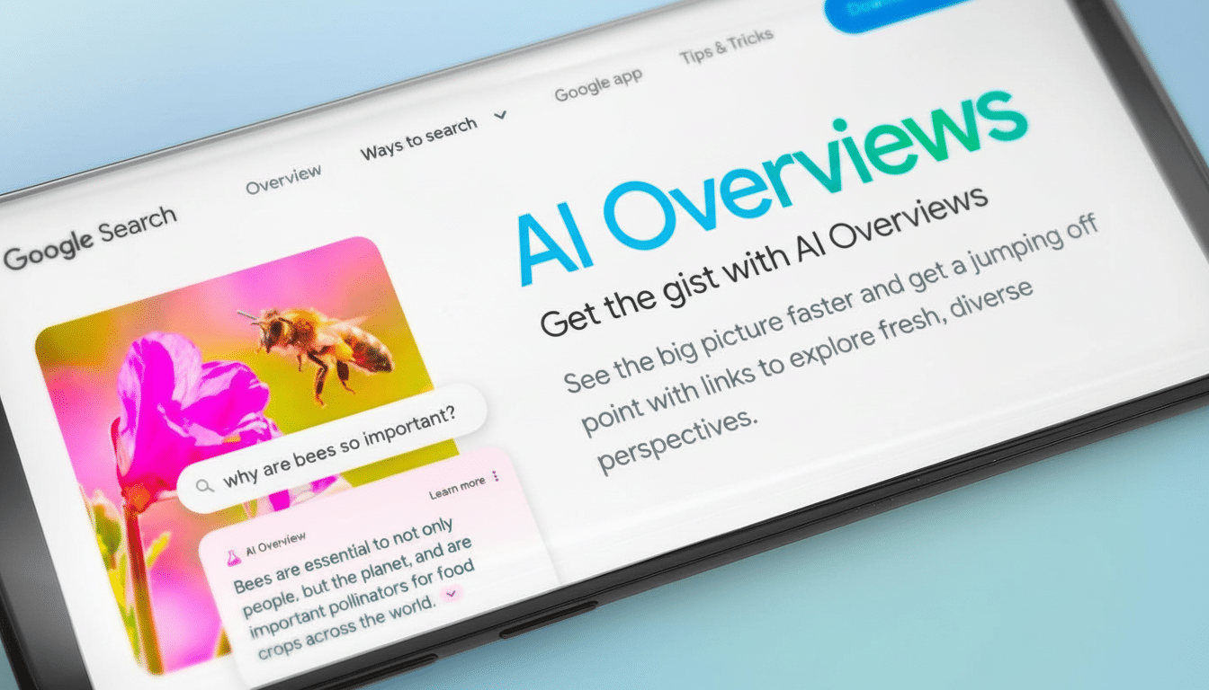 A close-up of a smartphone screen displaying AI Overviews on Google Search, with a bee on a pink flower in the search results.