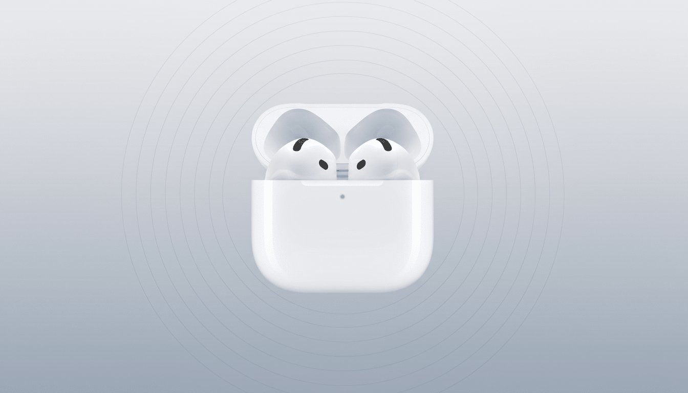 A pair of white Apple AirPods in their open charging case, centered on a professional light gray background with subtle concentric circle patterns.