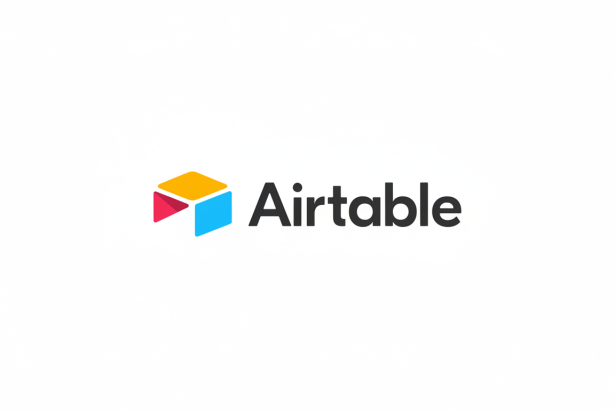 The Airtable logo, featuring a colorful geometric icon resembling a stylized cube in yellow, red, and blue, next to the word Airtable in dark gray text, all presented on a clean white background with a 16:9 aspect ratio.