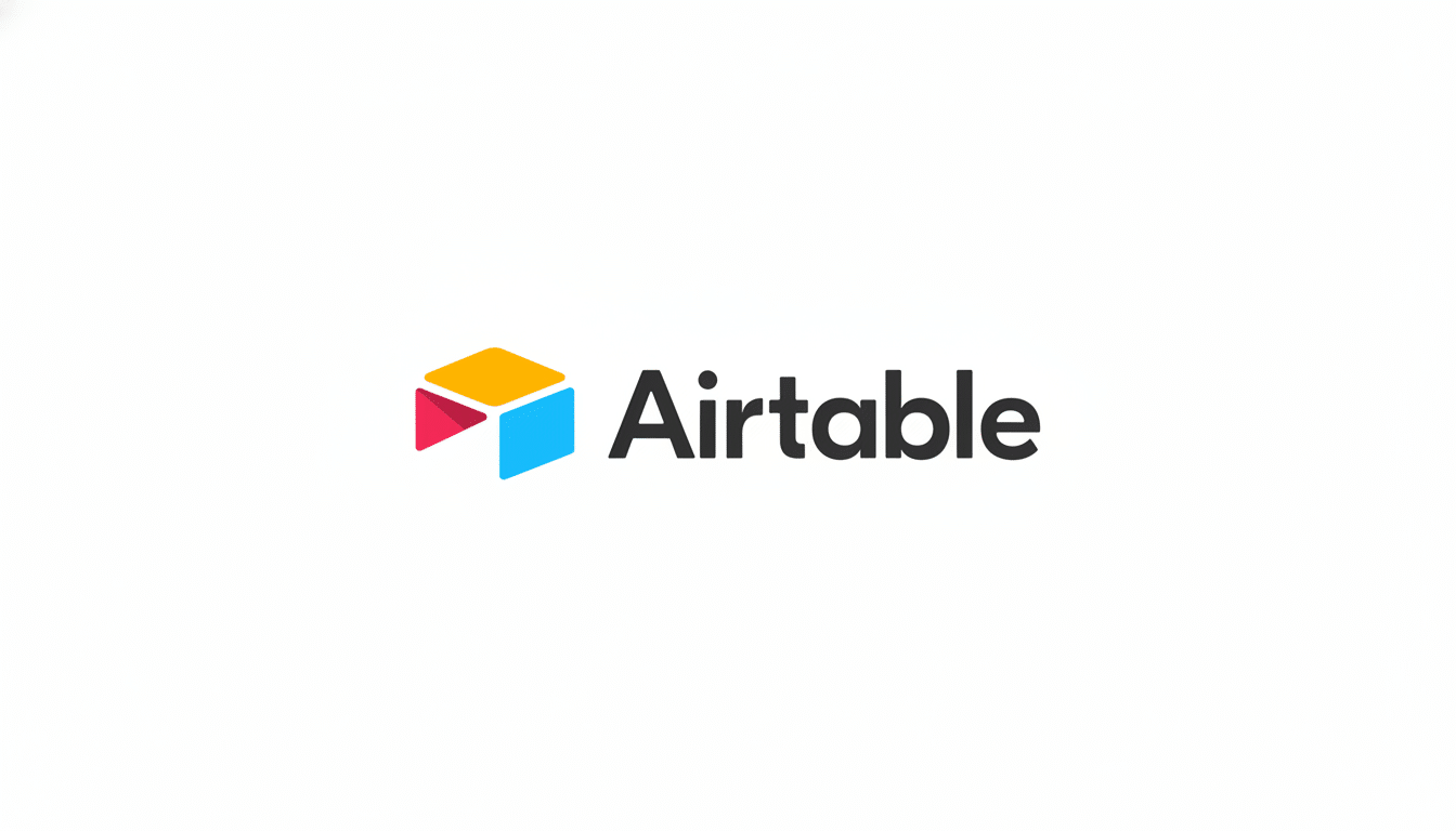 The Airtable logo, featuring a colorful geometric icon resembling a stylized cube in yellow, red, and blue, next to the word Airtable in dark gray text, all presented on a clean white background with a 16:9 aspect ratio.