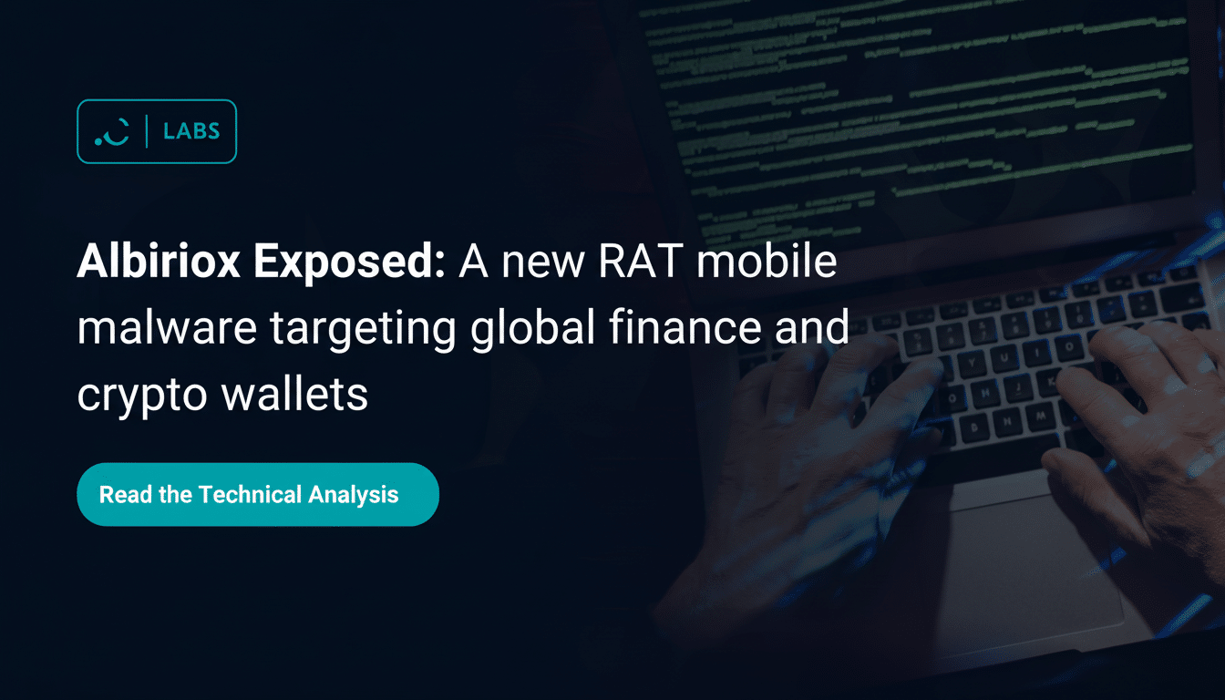 A laptop screen displaying code with hands typing on the keyboard, overlaid with text that reads Albiriox Exposed: A new RAT mobile malware targeting global finance and crypto wallets and a Read the Technical Analysis button.