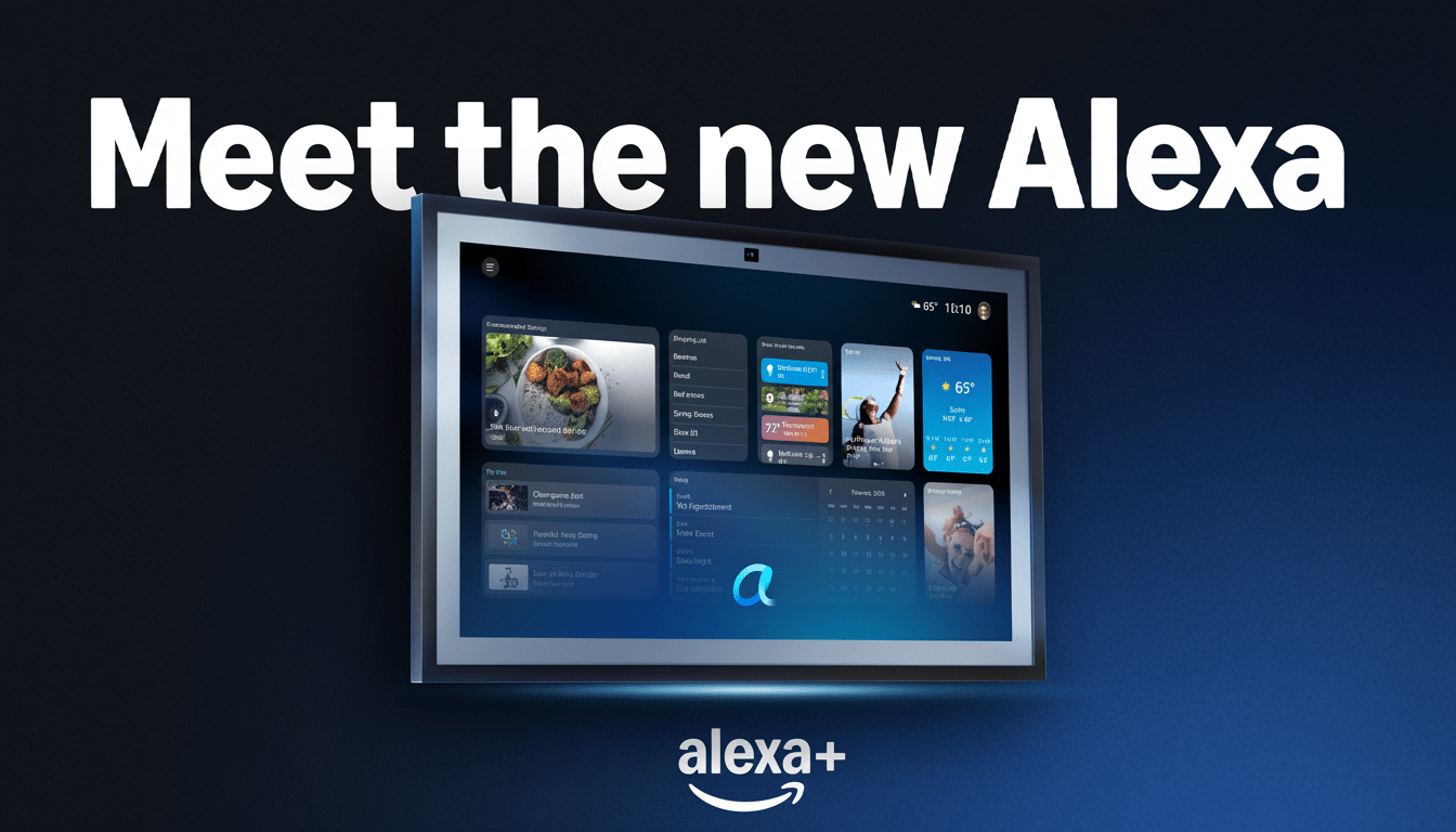 A smart display with the text Meet the new Alexa above it and alexa+ below it.
