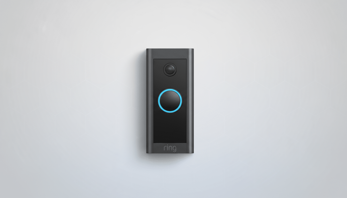 A Ring video doorbell in a 16:9 aspect ratio, set against a professional flat design background with soft patterns.