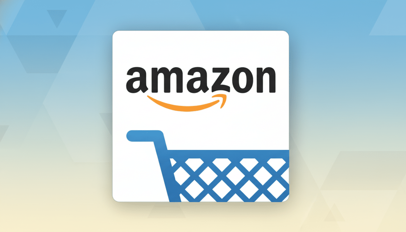 The Amazon app icon, featuring the Amazon logo with an orange arrow forming a smile, and the top of a blue shopping cart, set against a professional 16:9 background with soft blue and yellow gradients and subtle geometric patterns.