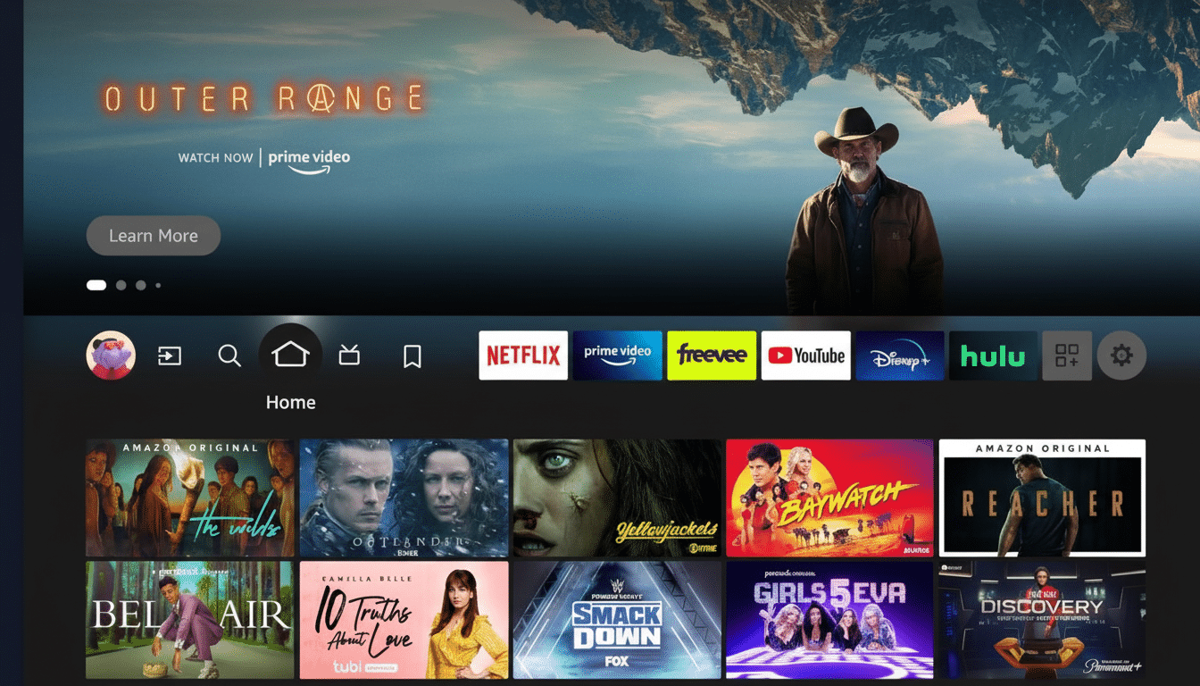 A screenshot of the Amazon Prime Video interface, showing a featured show Outer Range with a man in a cowboy hat, and various other show thumbnails below.