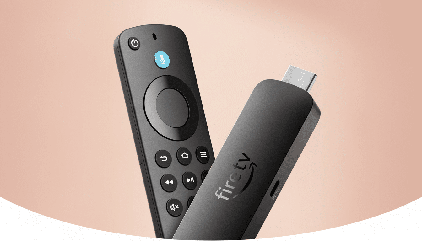 A black Amazon Fire TV Stick and its remote control are angled against a light pink background.