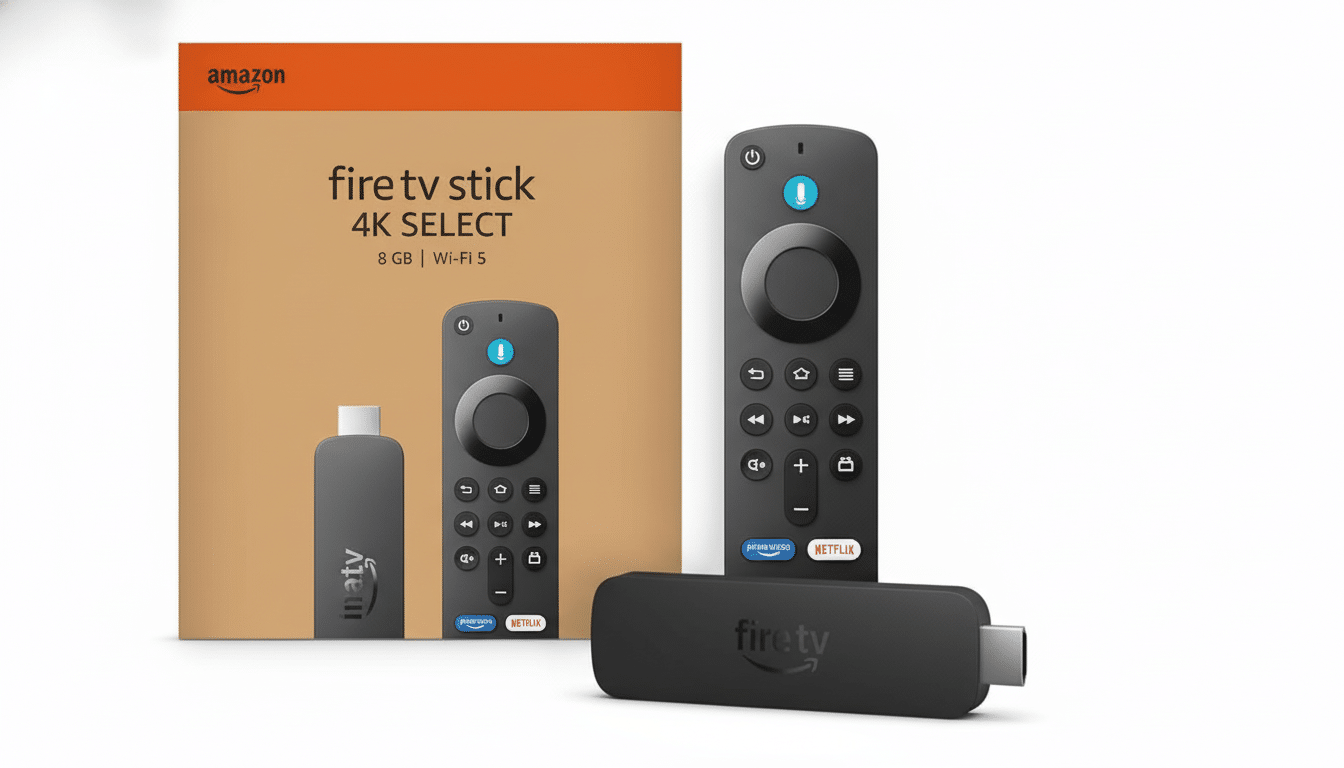 A professional studio shot of the Amazon Fire TV Stick 4K Select, its remote, and its packaging, all presented on a clean white background.