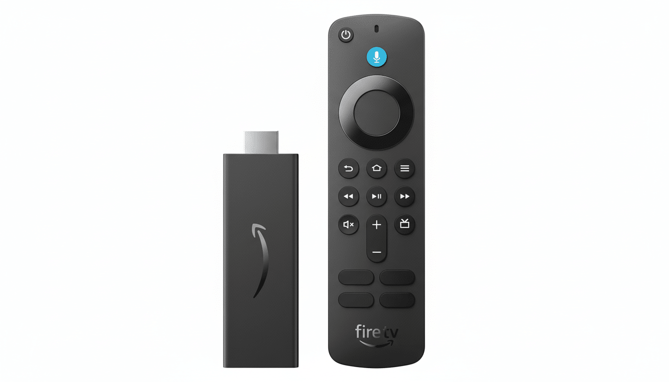 An Amazon Fire TV Stick and its remote control are displayed side-by-side on a white background.